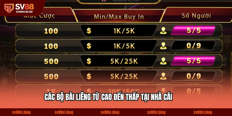 Các bộ bài liêng từ cao đến thấp tại nhà cái