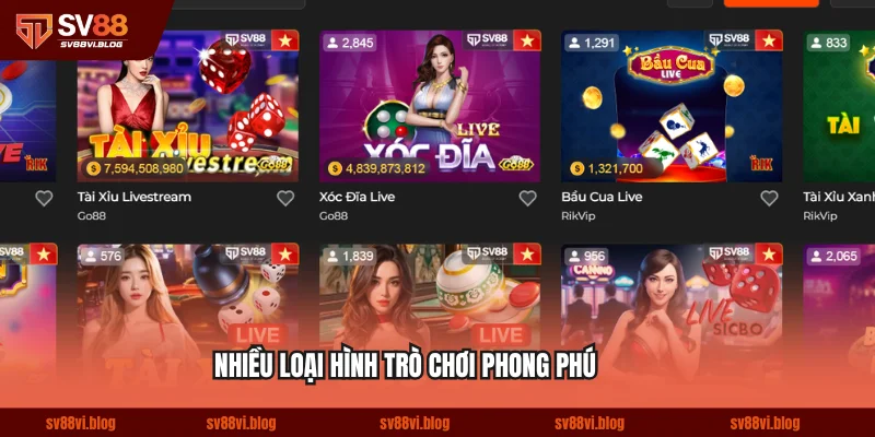 Nhiều loại hình trò chơi phong phú như slot, poker, baccarat và roulette